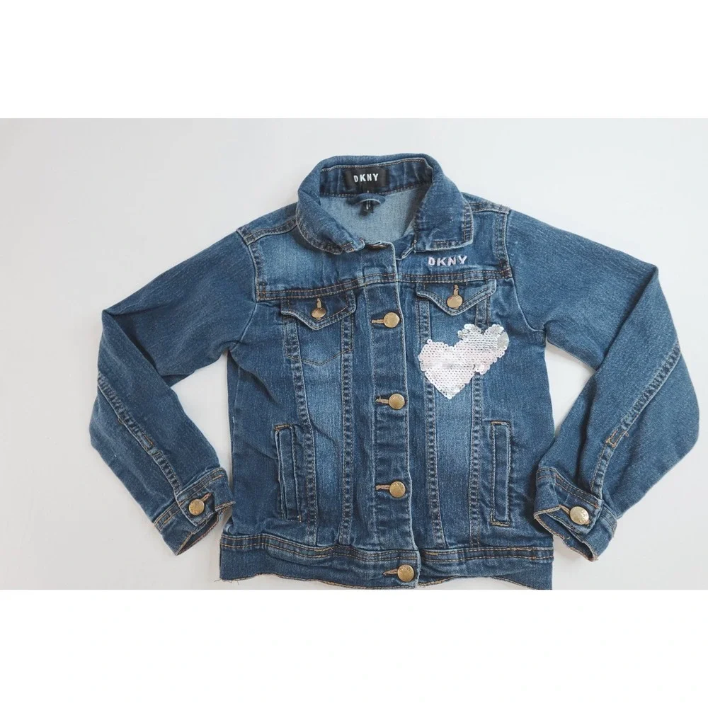 DKNY Sequin Denim‎ Blue Jean Jacket O71827DG Girls Size 6 Youth